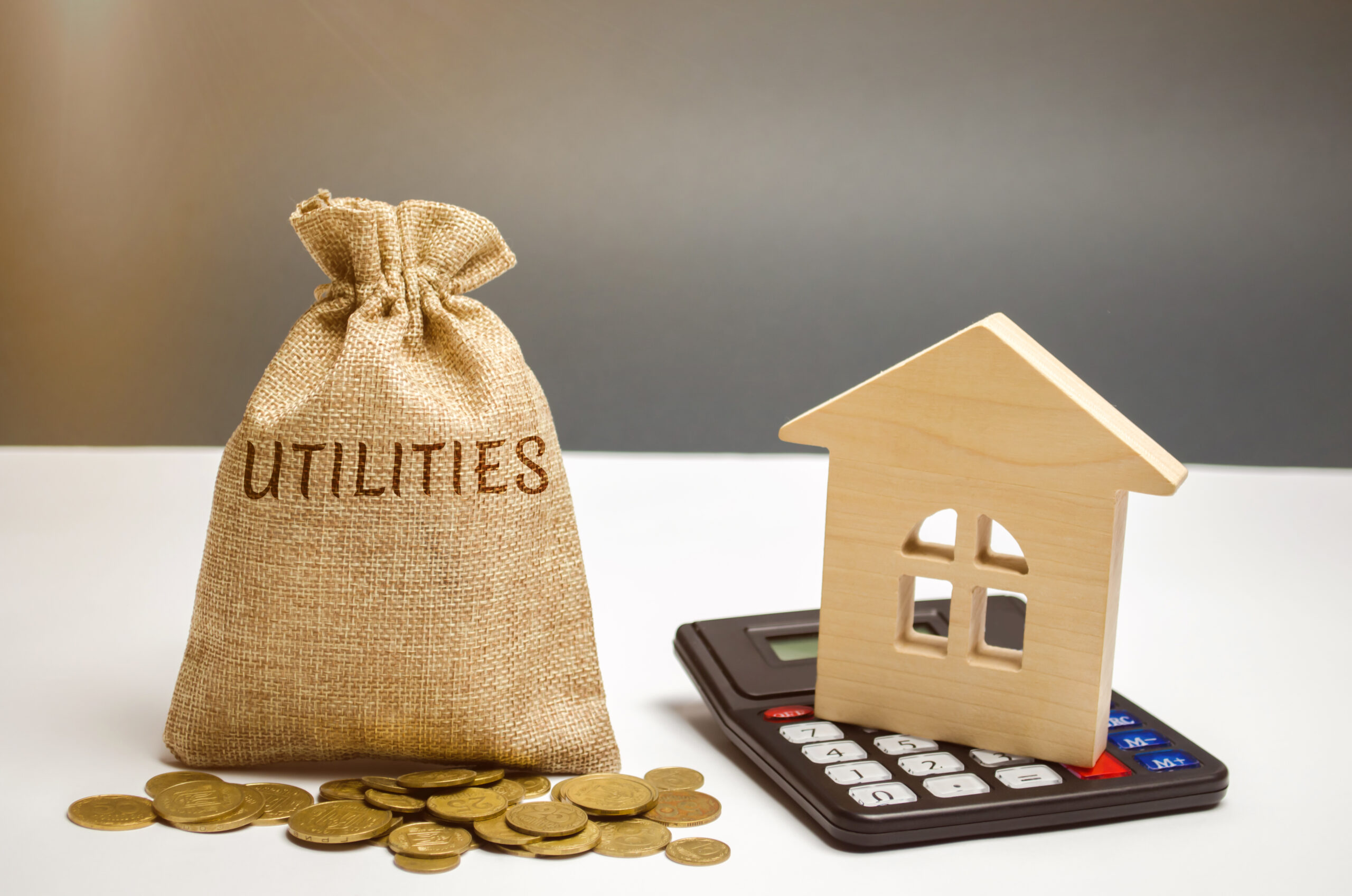 A money bag with the word Utilities and a wooden house. The concept of saving money for the payment of utilities. The accumulation of money. A large debt. Electricity bill, heating. Debt repayment