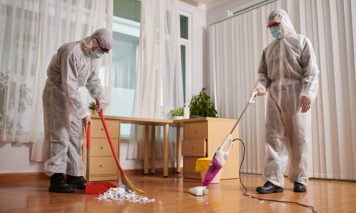 Cleaners in protective suits wiping and vacuum cleaning floor in house of client