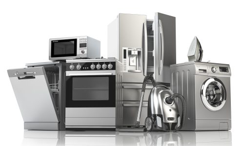 Home appliances. Household kitchen technics isolated on white background. Fridge, dishwasher, gas cooker, microwave oven, washing machine vacuum cleaner air conditioneer and iron. 3d illustration